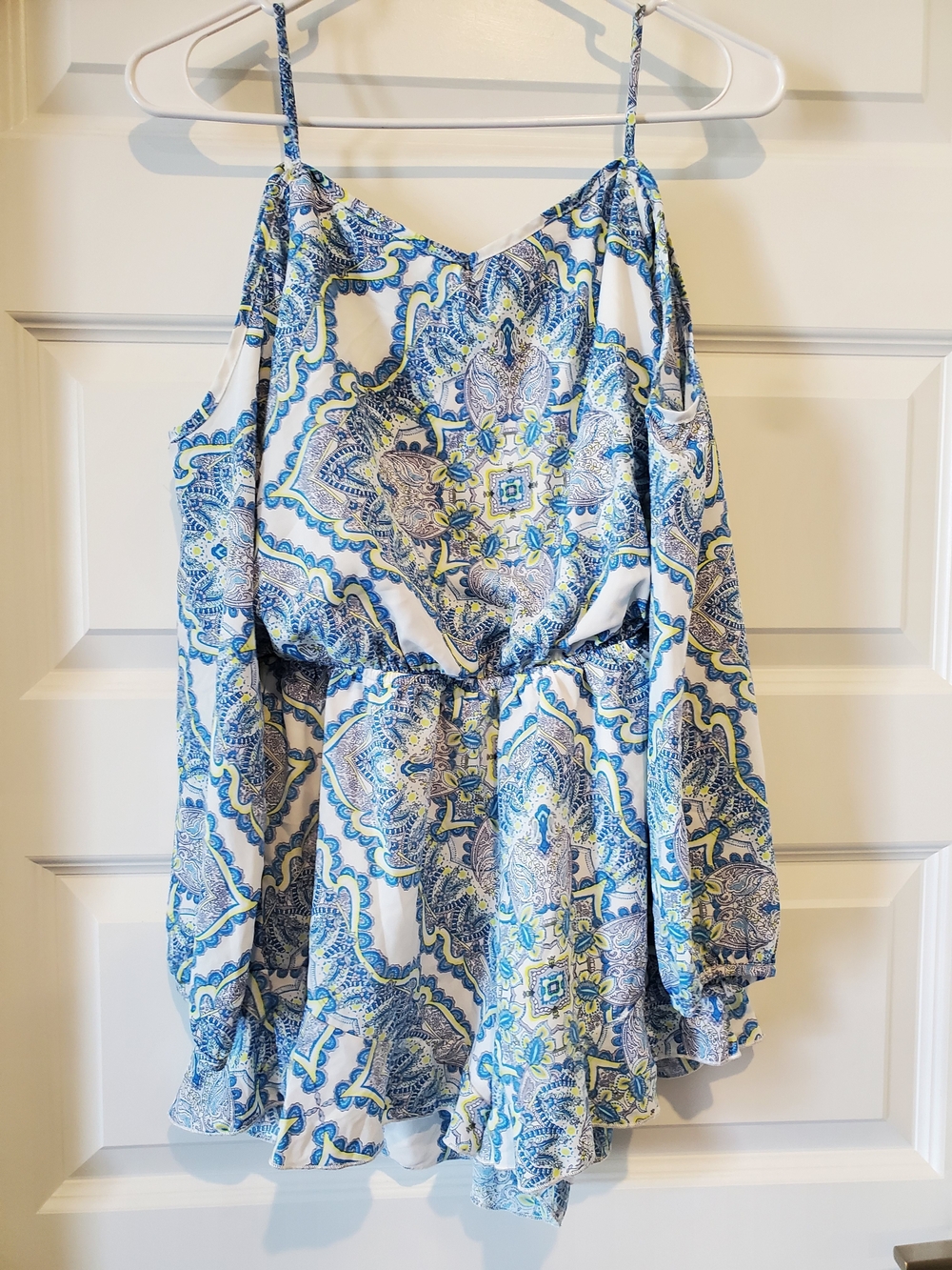 Altar'd State Blue, White & Yellow Paisley Cold-Shoulder Romper